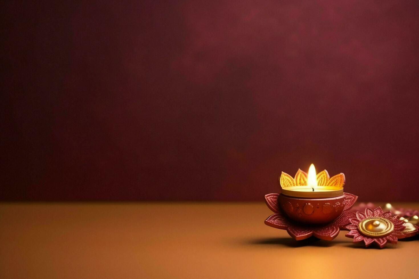 Happy diwali or deepavali traditional indian festival with clay diya oil lamp. Indian hindu festival of light symbol with candle and light. Clay diya lamp lit during diwali celebration by AI generated photo