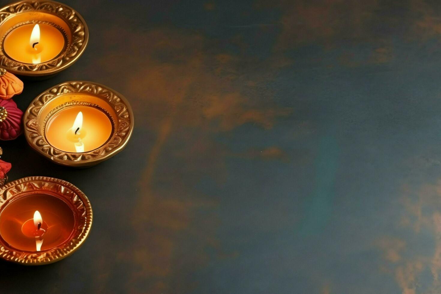 Happy diwali or deepavali traditional indian festival with clay diya oil lamp. Indian hindu festival of light symbol with candle and light. Clay diya lamp lit during diwali celebration by AI generated photo