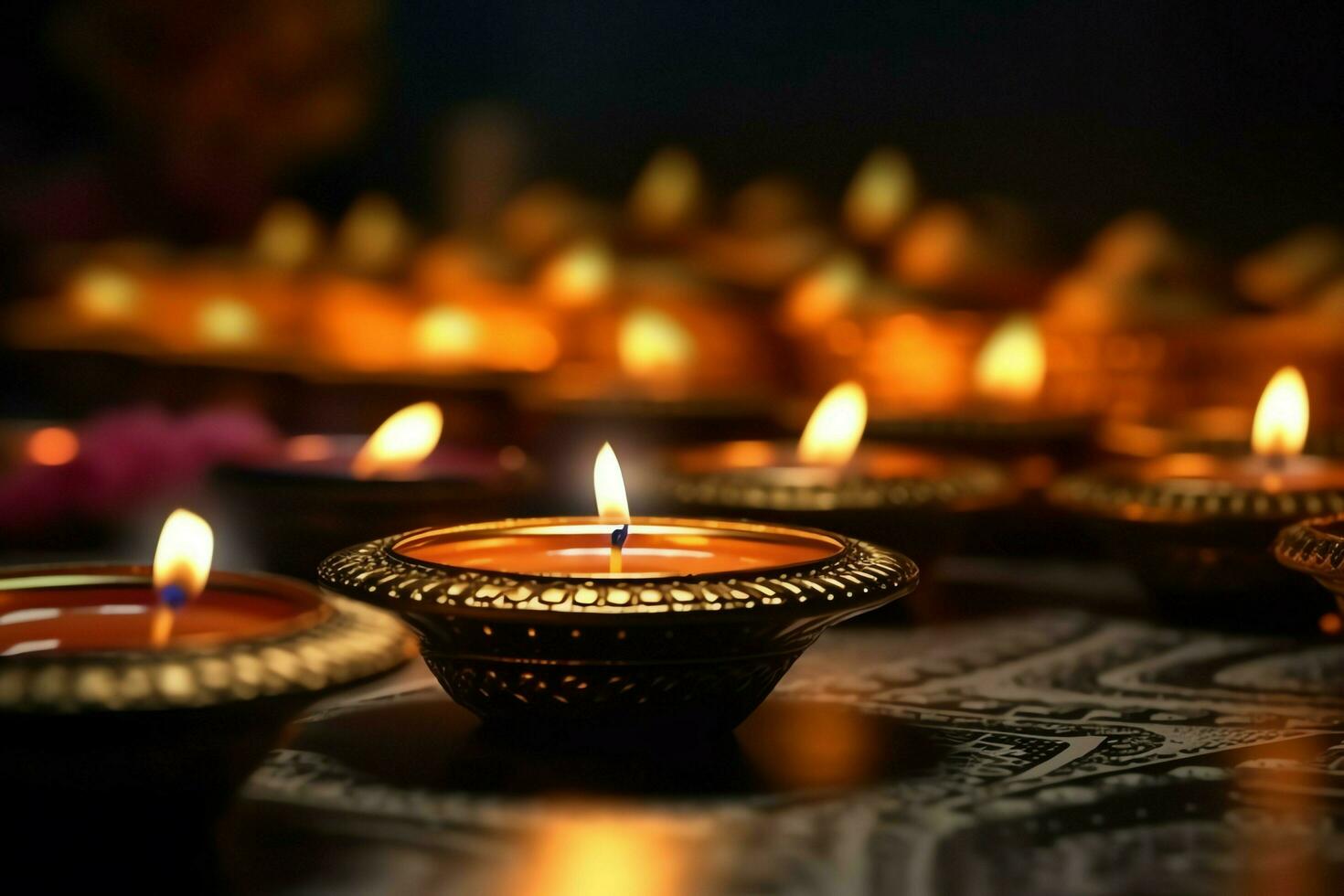 Happy diwali or deepavali traditional indian festival with clay diya oil lamp. Indian hindu festival of light symbol with candle and light. Clay diya lamp lit during diwali celebration by AI generated photo