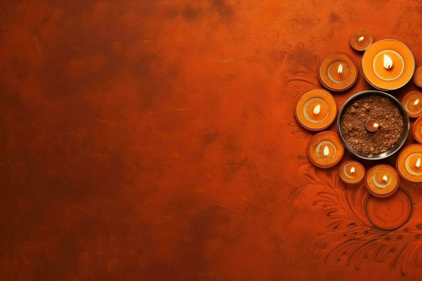 Happy diwali or deepavali traditional indian festival with clay diya oil lamp. Indian hindu festival of light symbol with candle and light. Clay diya lamp lit during diwali celebration by AI generated photo