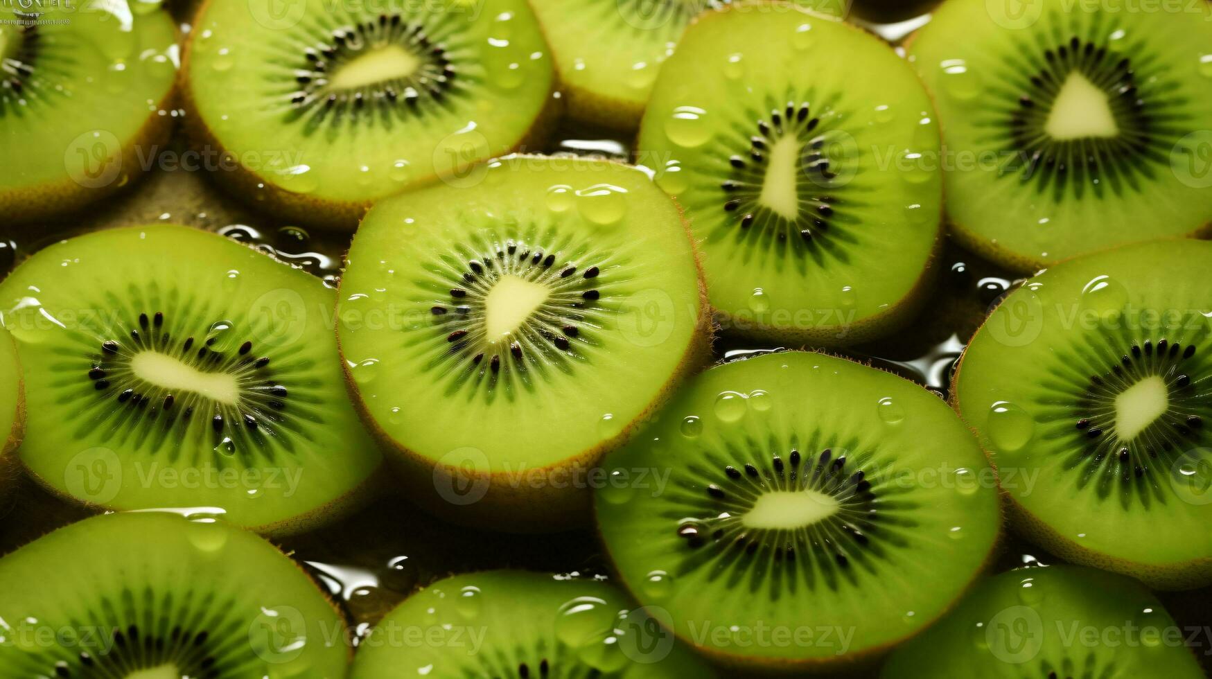 kiwi rebanadas con agua antecedentes. cerca arriba, agua gotas. generativo ai foto