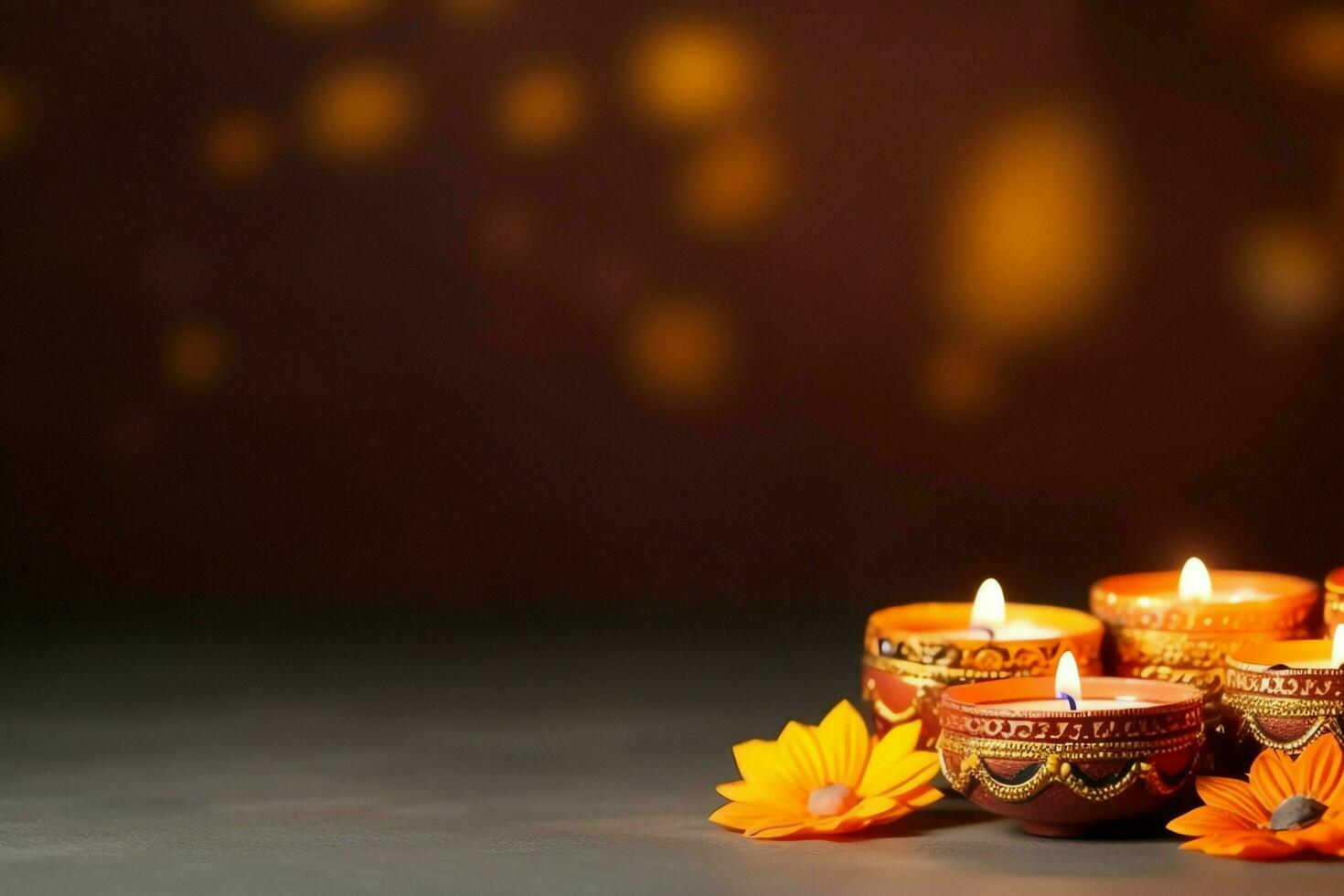 Happy diwali or deepavali traditional indian festival with clay diya oil lamp. Indian hindu festival of light symbol with candle and light. Clay diya lamp lit during diwali celebration by AI generated photo