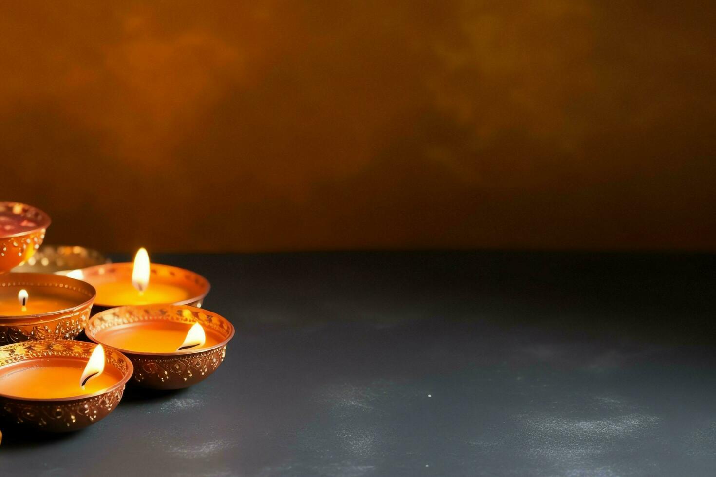 Happy diwali or deepavali traditional indian festival with clay diya oil lamp. Indian hindu festival of light symbol with candle and light. Clay diya lamp lit during diwali celebration by AI generated photo