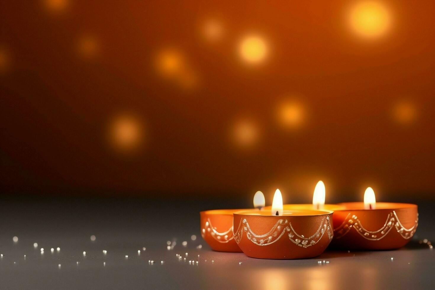 Happy diwali or deepavali traditional indian festival with clay diya oil lamp. Indian hindu festival of light symbol with candle and light. Clay diya lamp lit during diwali celebration by AI generated photo