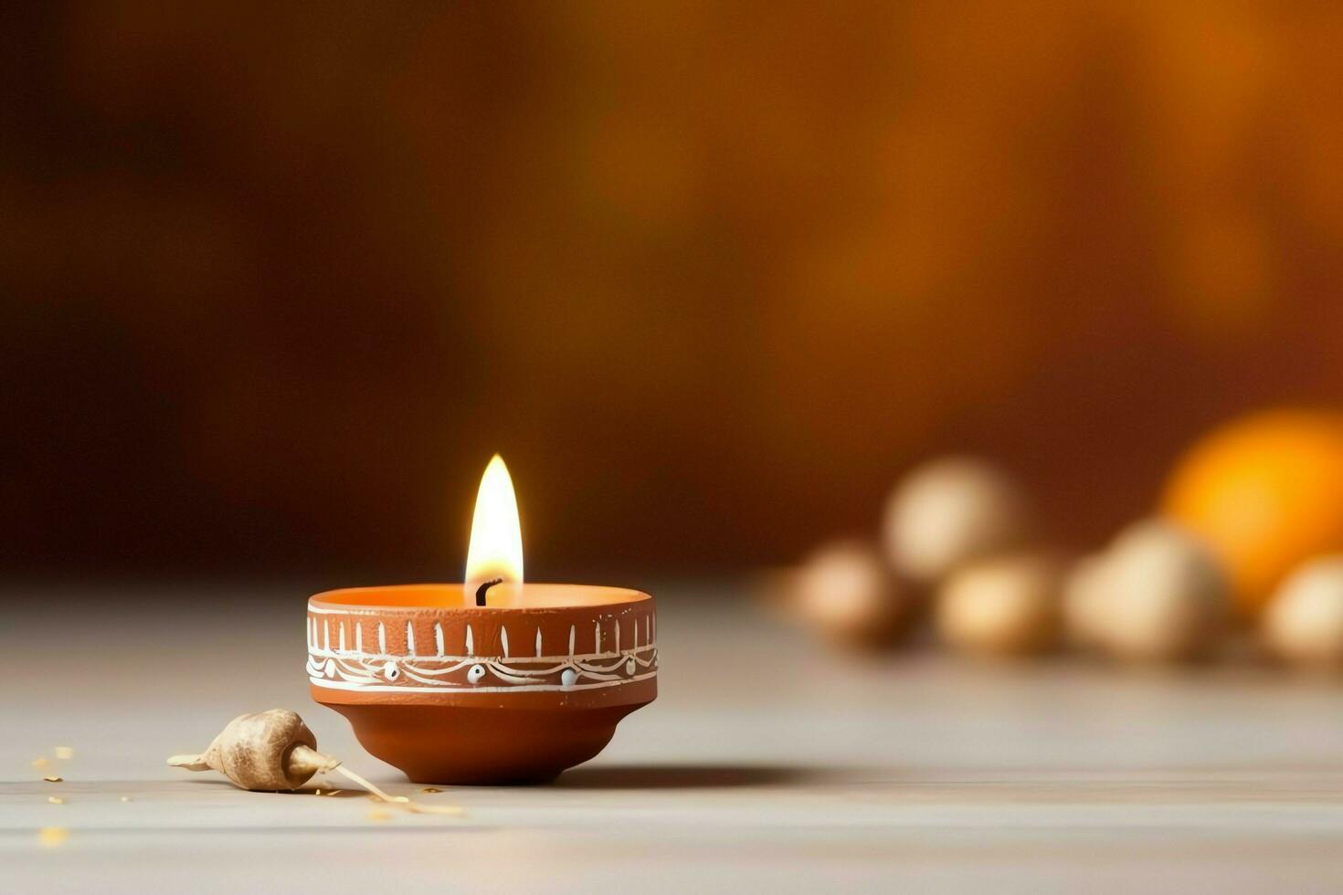 Happy diwali or deepavali traditional indian festival with clay diya oil lamp. Indian hindu festival of light symbol with candle and light. Clay diya lamp lit during diwali celebration by AI generated photo