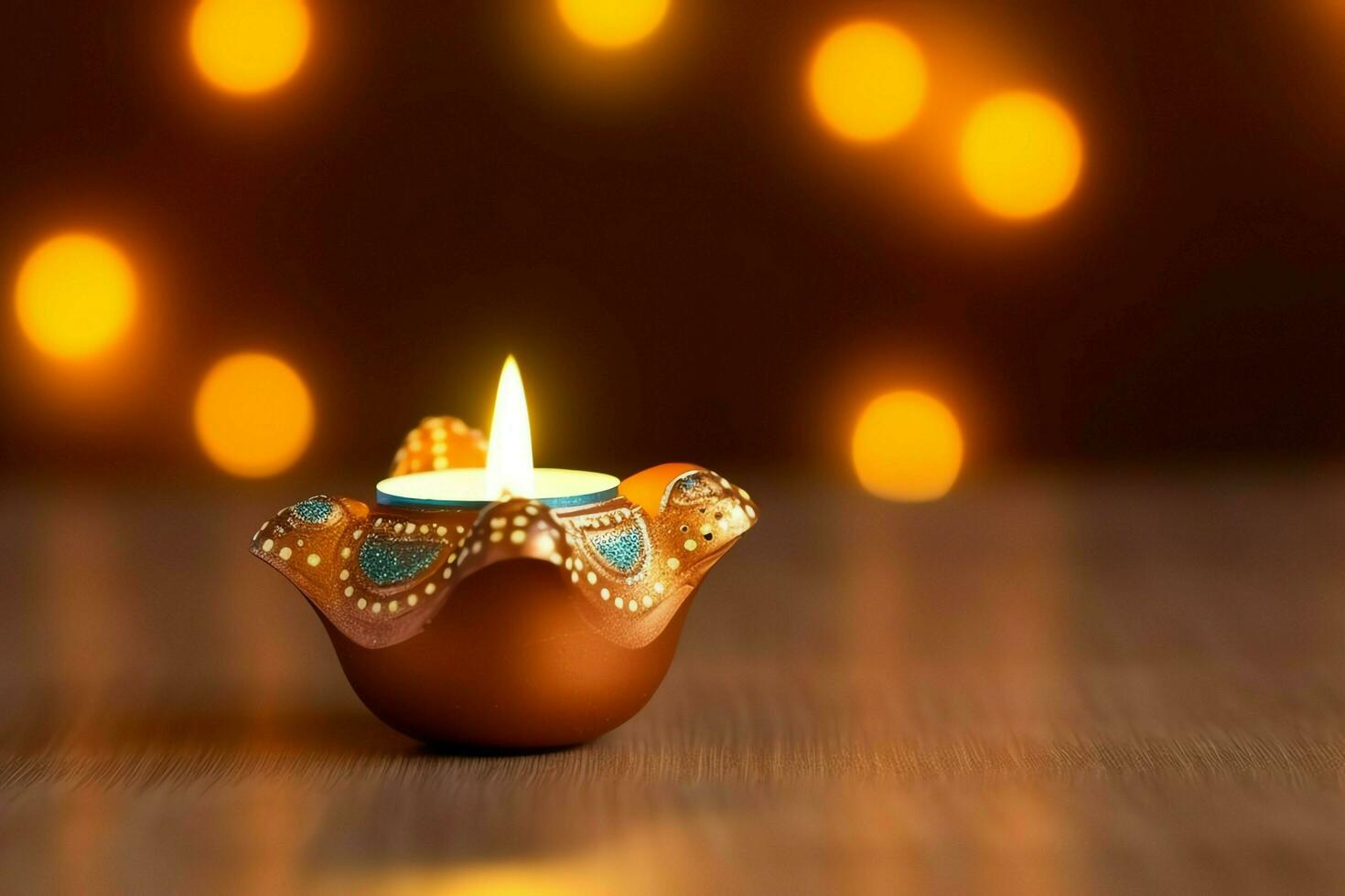 Happy diwali or deepavali traditional indian festival with clay diya oil lamp. Indian hindu festival of light symbol with candle and light. Clay diya lamp lit during diwali celebration by AI generated photo