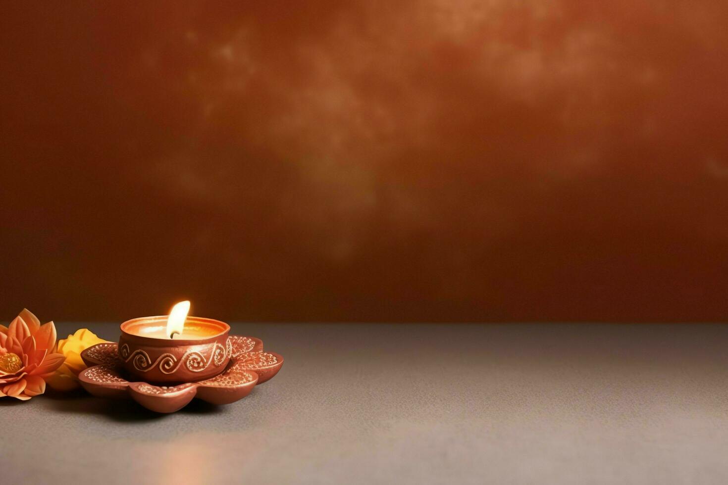 Happy diwali or deepavali traditional indian festival with clay diya oil lamp. Indian hindu festival of light symbol with candle and light. Clay diya lamp lit during diwali celebration by AI generated photo