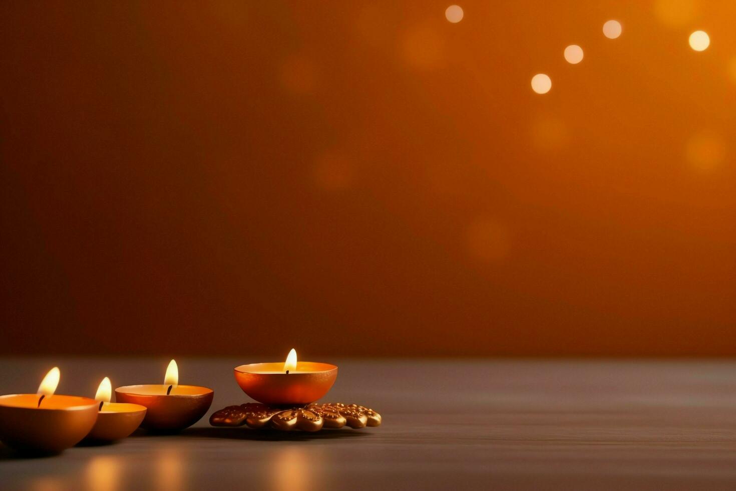 Happy diwali or deepavali traditional indian festival with clay diya oil lamp. Indian hindu festival of light symbol with candle and light. Clay diya lamp lit during diwali celebration by AI generated photo
