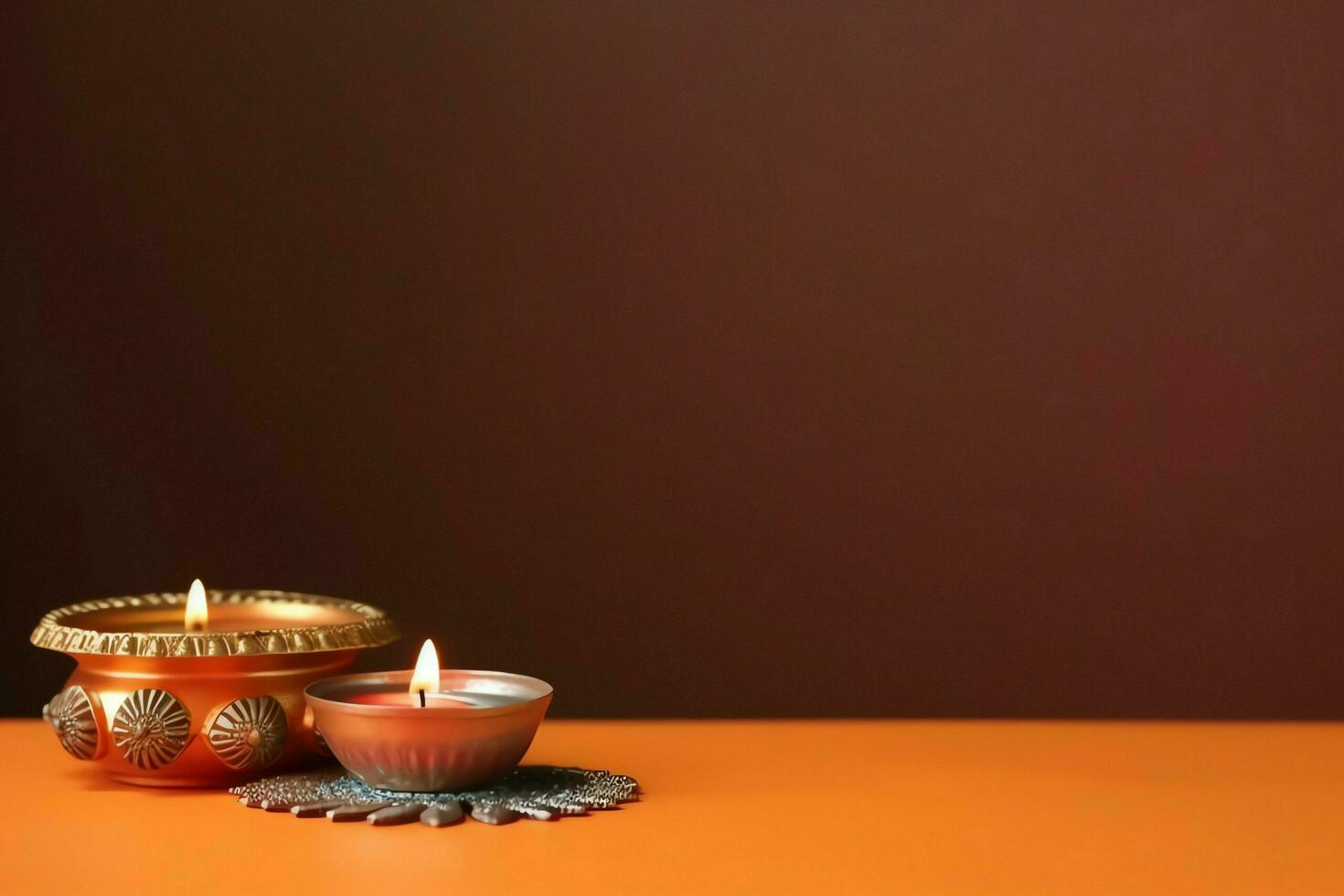 Happy diwali or deepavali traditional indian festival with clay diya oil lamp. Indian hindu festival of light symbol with candle and light. Clay diya lamp lit during diwali celebration by AI generated photo