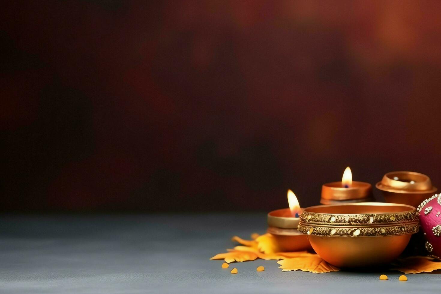 Happy diwali or deepavali traditional indian festival with clay diya oil lamp. Indian hindu festival of light symbol with candle and light. Clay diya lamp lit during diwali celebration by AI generated photo