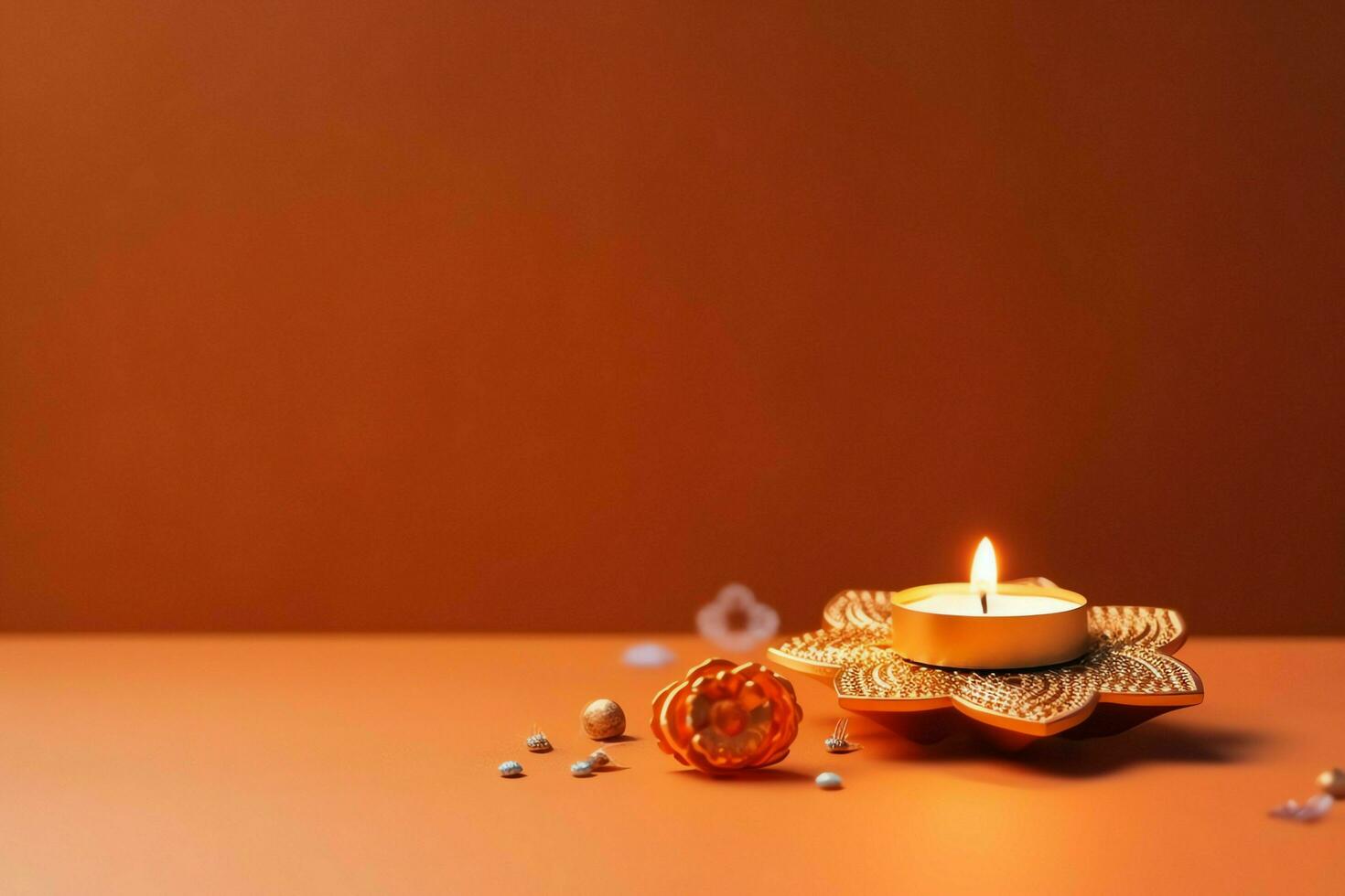 Happy diwali or deepavali traditional indian festival with clay diya oil lamp. Indian hindu festival of light symbol with candle and light. Clay diya lamp lit during diwali celebration by AI generated photo