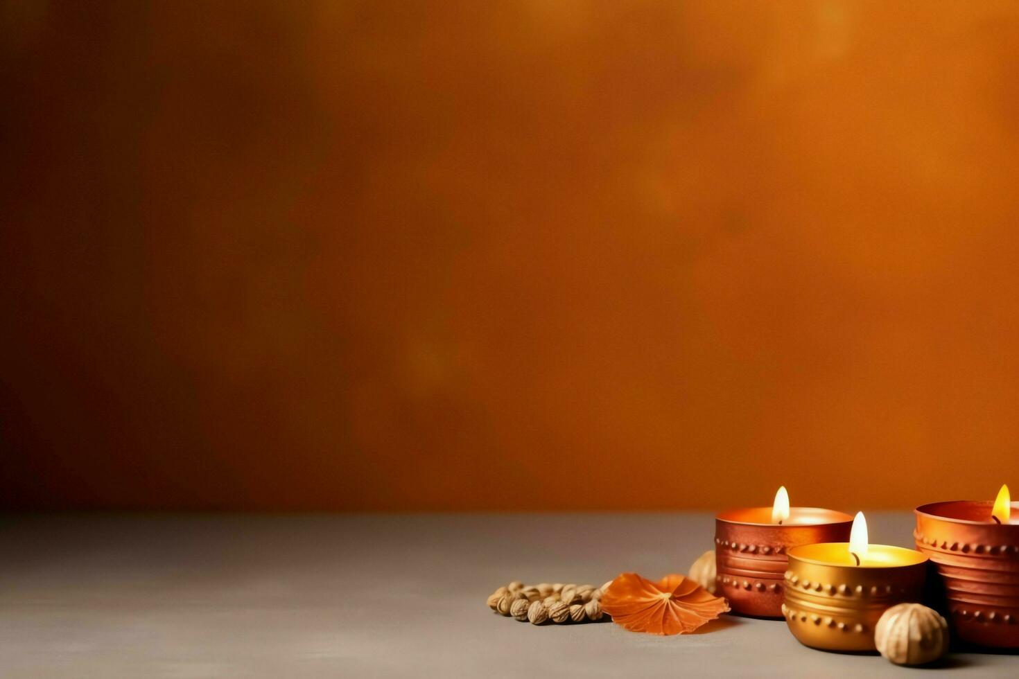 Happy diwali or deepavali traditional indian festival with clay diya oil lamp. Indian hindu festival of light symbol with candle and light. Clay diya lamp lit during diwali celebration by AI generated photo