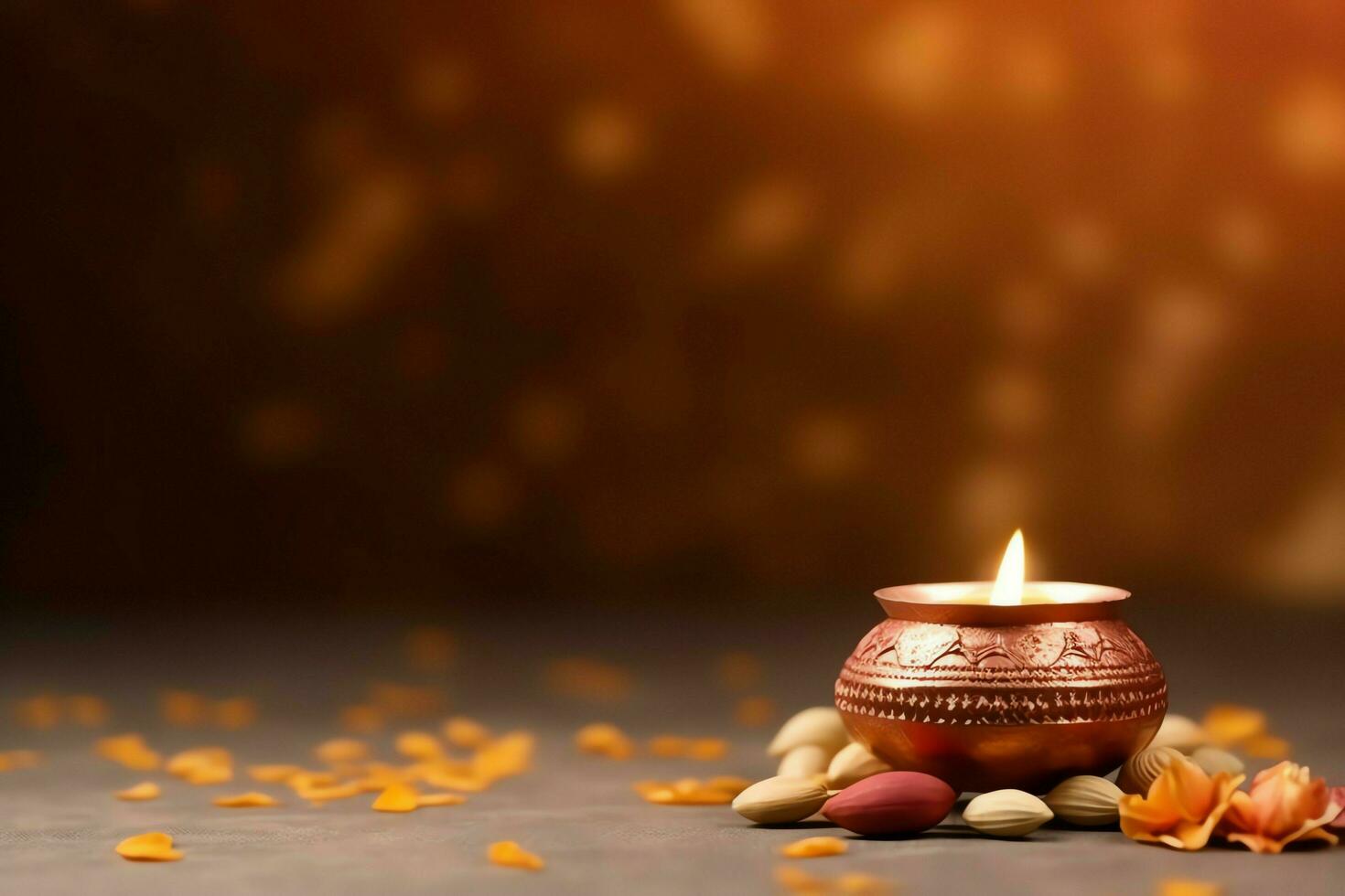 Happy diwali or deepavali traditional indian festival with clay diya oil lamp. Indian hindu festival of light symbol with candle and light. Clay diya lamp lit during diwali celebration by AI generated photo