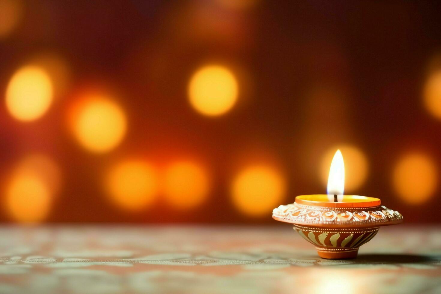 Happy diwali or deepavali traditional indian festival with clay diya oil lamp. Indian hindu festival of light symbol with candle and light. Clay diya lamp lit during diwali celebration by AI generated photo