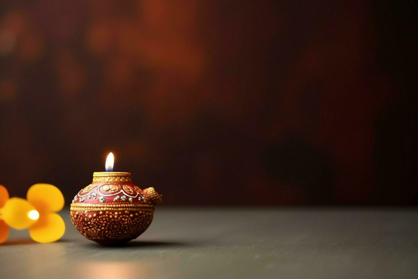 Happy diwali or deepavali traditional indian festival with clay diya oil lamp. Indian hindu festival of light symbol with candle and light. Clay diya lamp lit during diwali celebration by AI generated photo