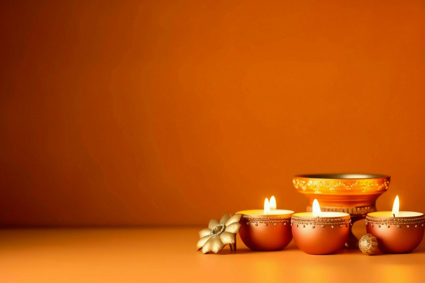Happy diwali or deepavali traditional indian festival with clay diya oil lamp. Indian hindu festival of light symbol with candle and light. Clay diya lamp lit during diwali celebration by AI generated photo
