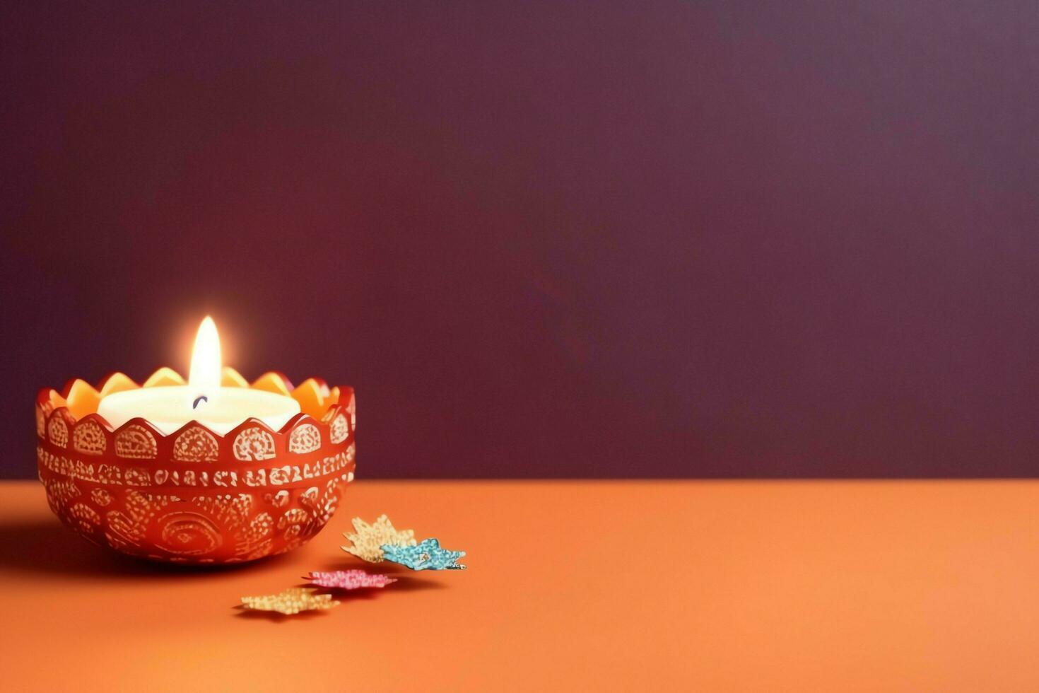 Happy diwali or deepavali traditional indian festival with clay diya oil lamp. Indian hindu festival of light symbol with candle and light. Clay diya lamp lit during diwali celebration by AI generated photo