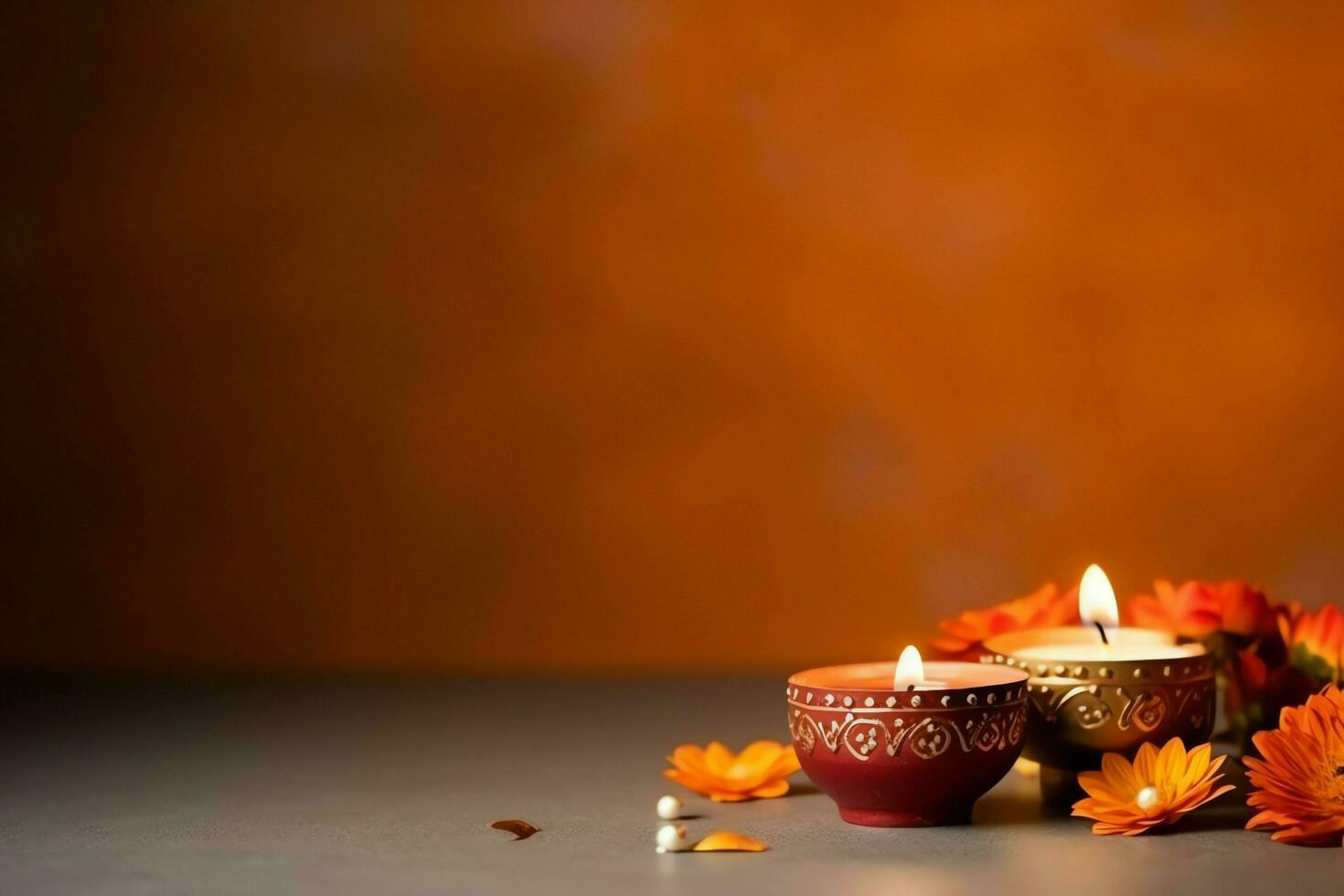 Happy diwali or deepavali traditional indian festival with clay diya oil lamp. Indian hindu festival of light symbol with candle and light. Clay diya lamp lit during diwali celebration by AI generated photo
