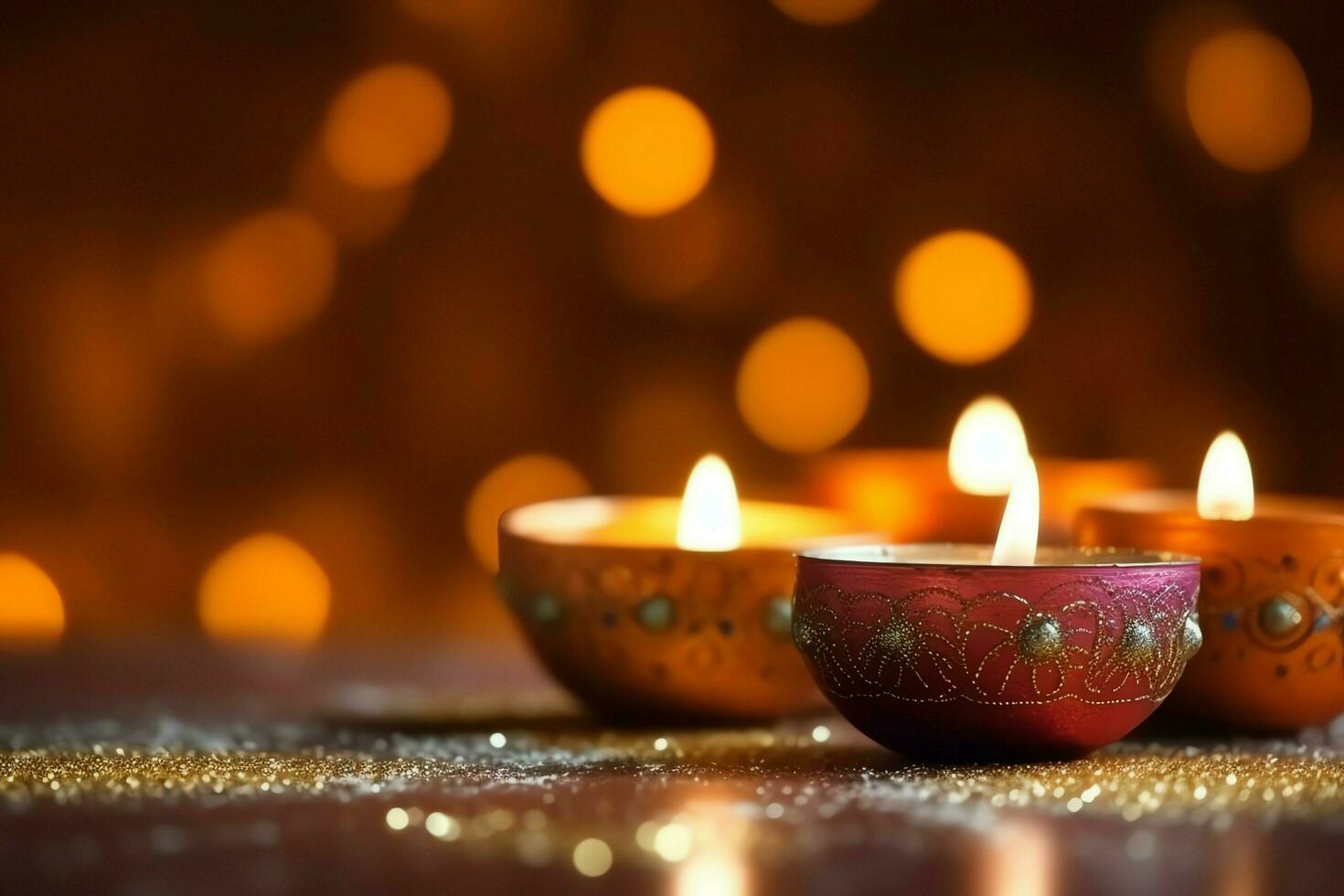 Happy diwali or deepavali traditional indian festival with clay diya oil lamp. Indian hindu festival of light symbol with candle and light. Clay diya lamp lit during diwali celebration by AI generated photo