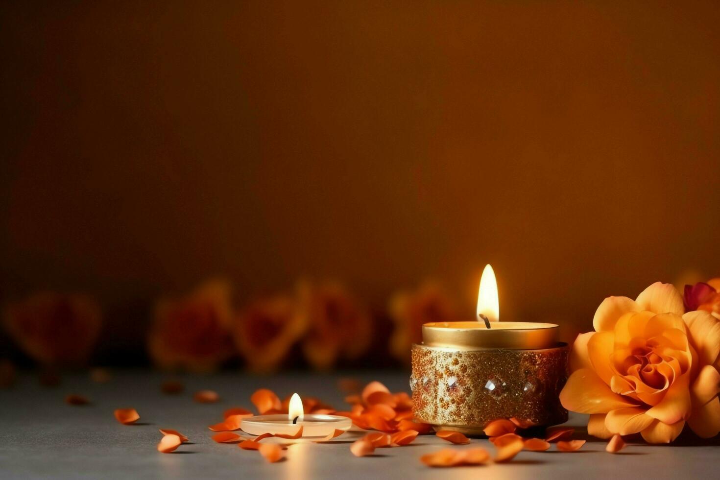 Happy diwali or deepavali traditional indian festival with clay diya oil lamp. Indian hindu festival of light symbol with candle and light. Clay diya lamp lit during diwali celebration by AI generated photo