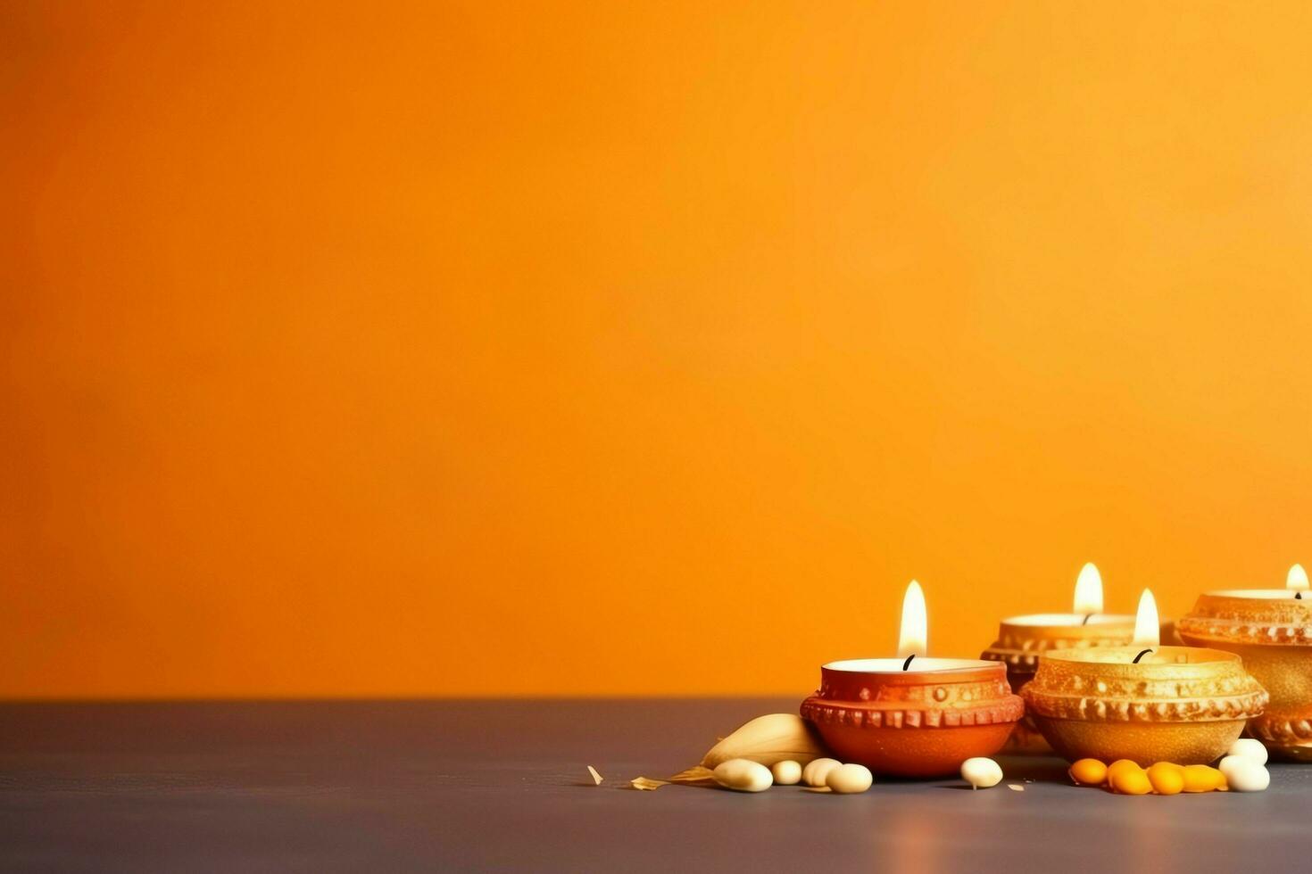 Happy diwali or deepavali traditional indian festival with clay diya oil lamp. Indian hindu festival of light symbol with candle and light. Clay diya lamp lit during diwali celebration by AI generated photo