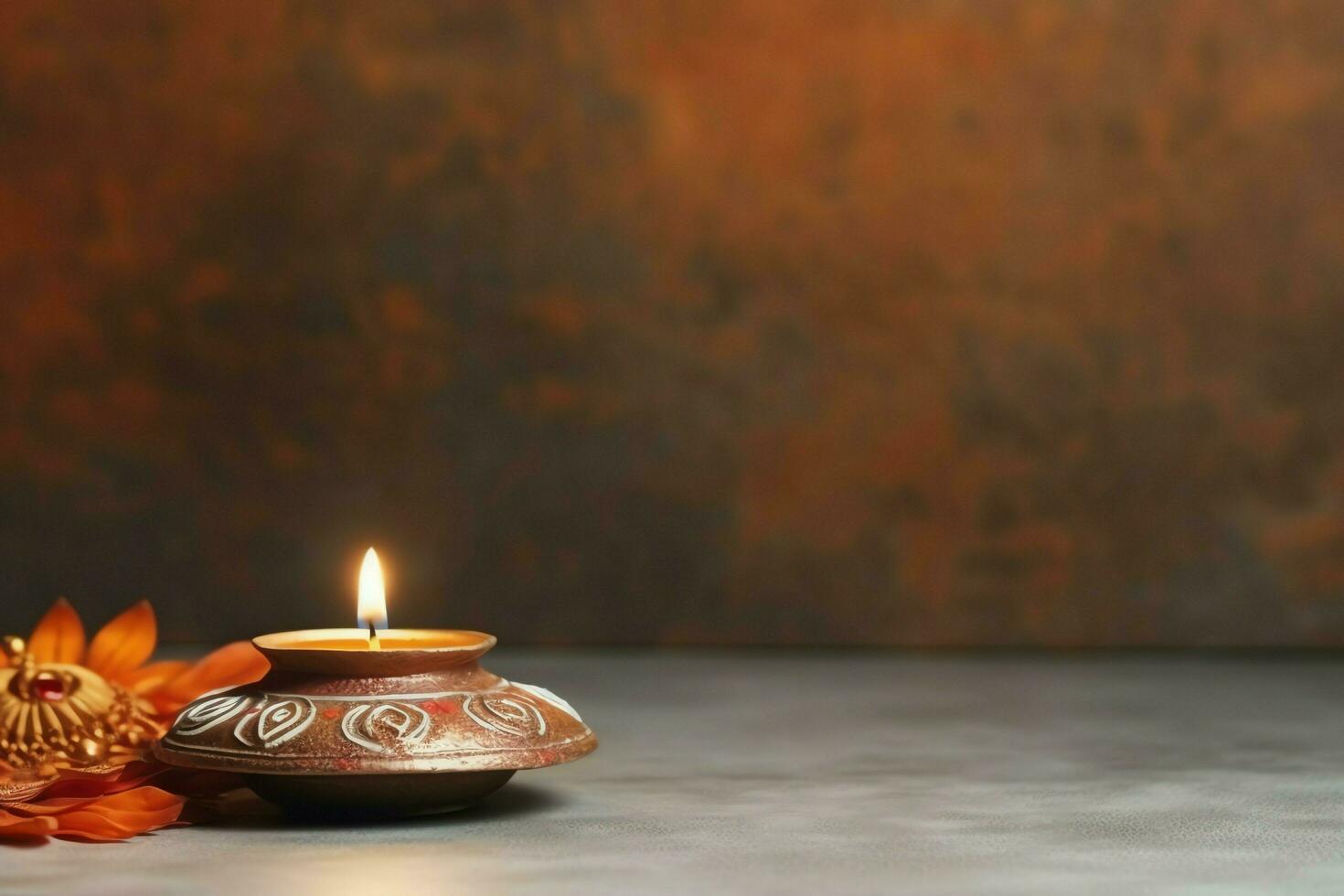 Happy diwali or deepavali traditional indian festival with clay diya oil lamp. Indian hindu festival of light symbol with candle and light. Clay diya lamp lit during diwali celebration by AI generated photo