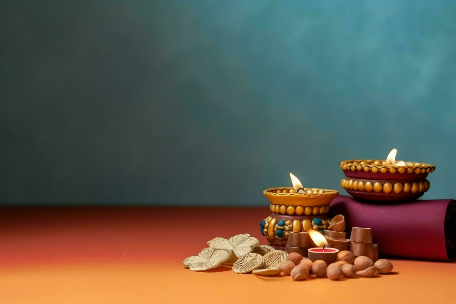Happy diwali or deepavali traditional indian festival with clay diya oil lamp. Indian hindu festival of light symbol with candle and light. Clay diya lamp lit during diwali celebration by AI generated photo