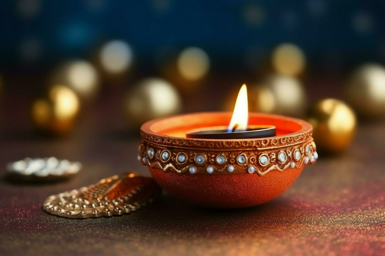 Happy diwali or deepavali traditional indian festival with clay diya oil lamp. Indian hindu festival of light symbol with candle and light. Clay diya lamp lit during diwali celebration by AI generated photo