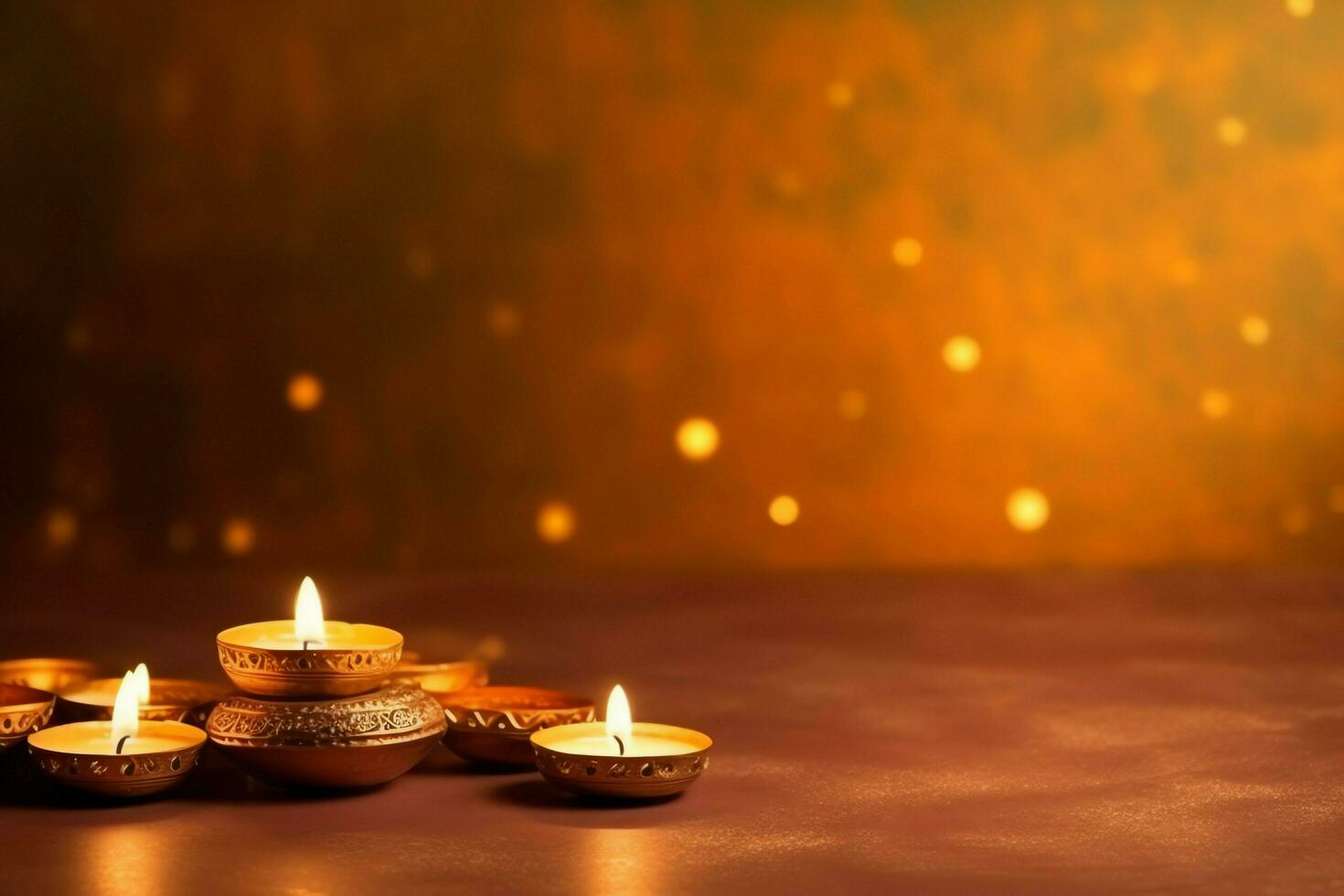 Happy diwali or deepavali traditional indian festival with clay diya oil lamp. Indian hindu festival of light symbol with candle and light. Clay diya lamp lit during diwali celebration by AI generated photo