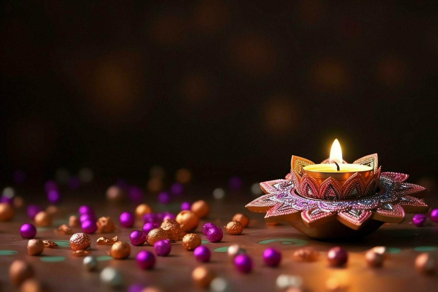 Happy diwali or deepavali traditional indian festival with clay diya oil lamp. Indian hindu festival of light symbol with candle and light. Clay diya lamp lit during diwali celebration by AI generated photo