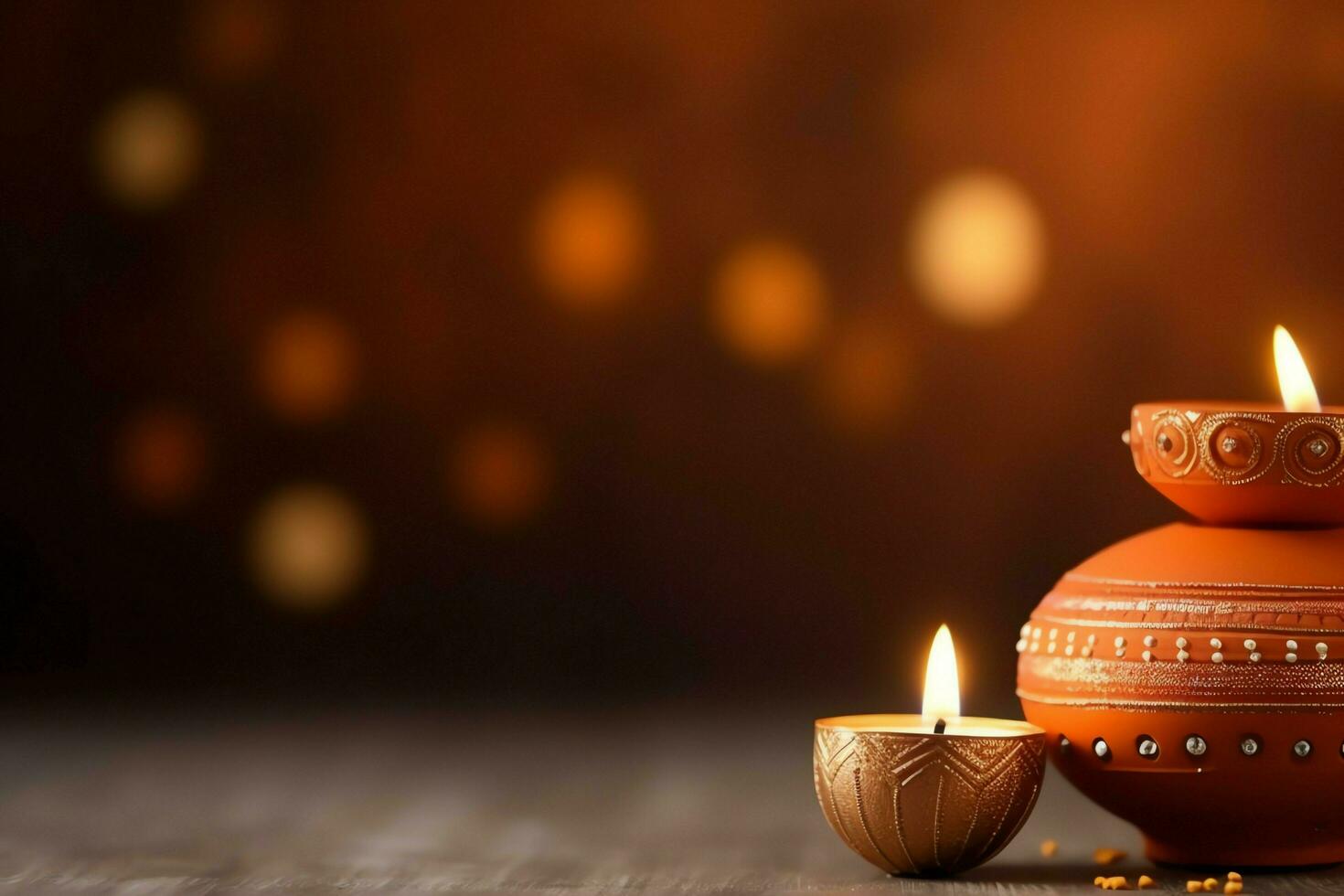 Happy diwali or deepavali traditional indian festival with clay diya oil lamp. Indian hindu festival of light symbol with candle and light. Clay diya lamp lit during diwali celebration by AI generated photo