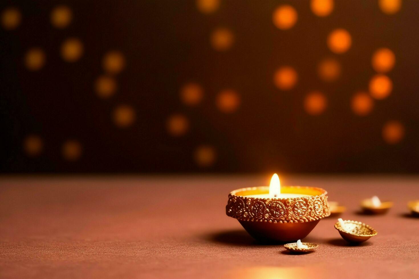 Happy diwali or deepavali traditional indian festival with clay diya oil lamp. Indian hindu festival of light symbol with candle and light. Clay diya lamp lit during diwali celebration by AI generated photo