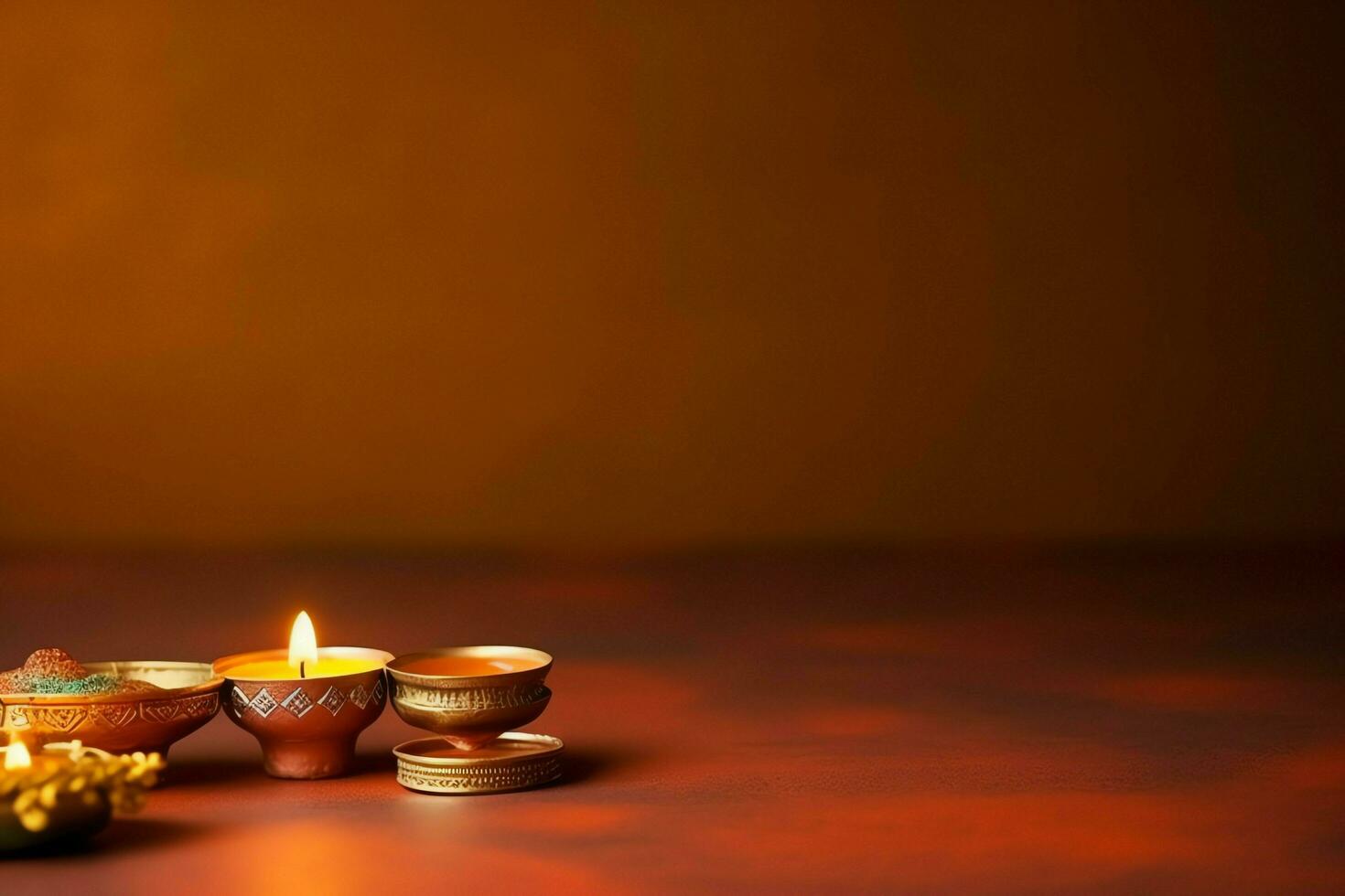 Happy diwali or deepavali traditional indian festival with clay diya oil lamp. Indian hindu festival of light symbol with candle and light. Clay diya lamp lit during diwali celebration by AI generated photo