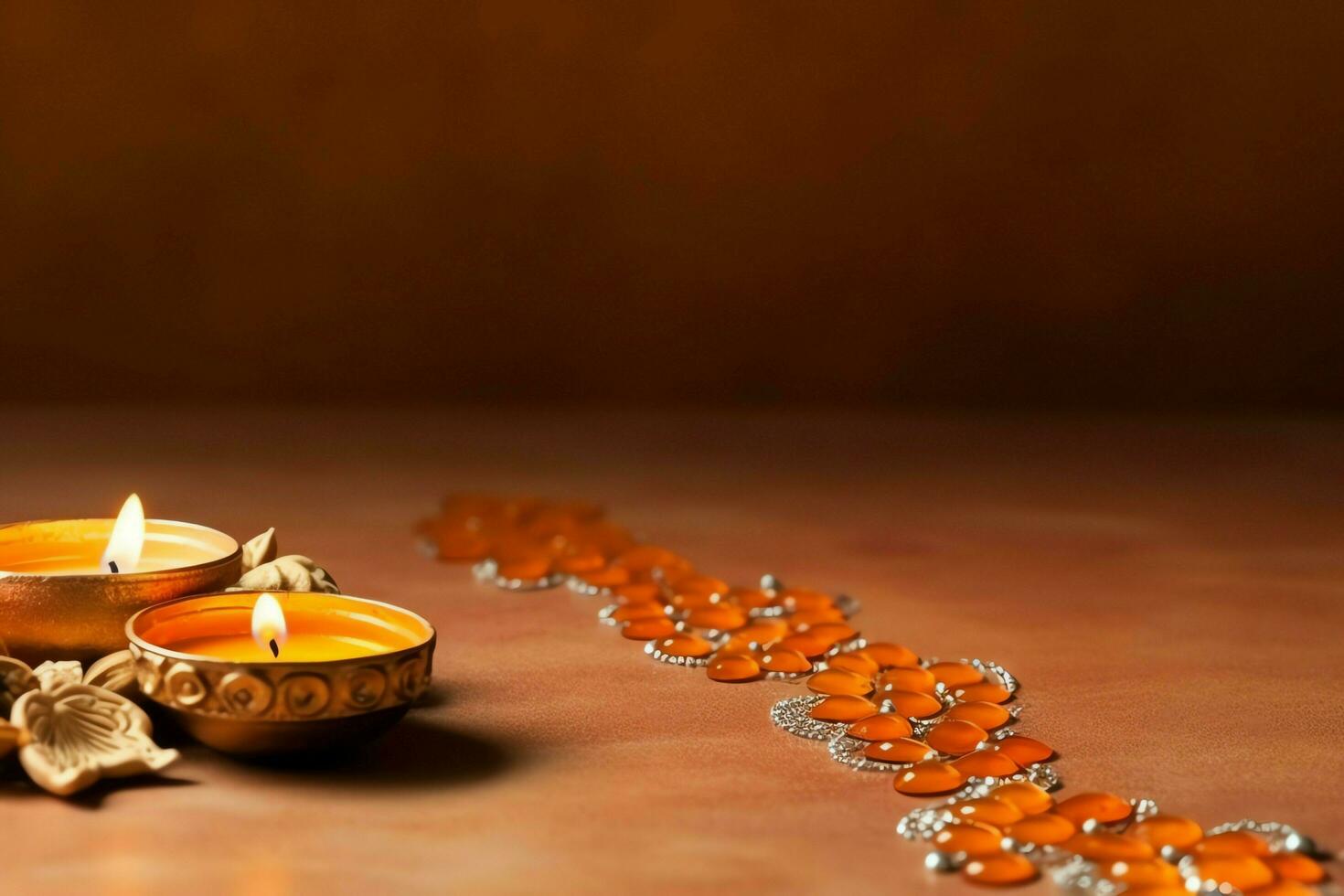 Happy diwali or deepavali traditional indian festival with clay diya oil lamp. Indian hindu festival of light symbol with candle and light. Clay diya lamp lit during diwali celebration by AI generated photo