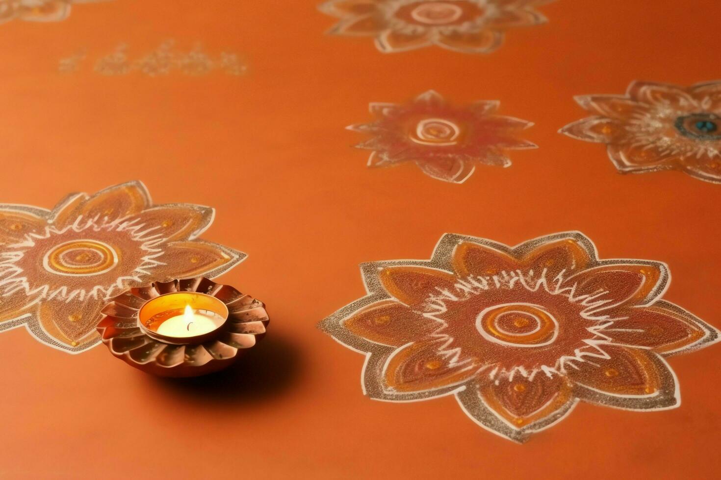 Happy diwali or deepavali traditional indian festival with clay diya oil lamp. Indian hindu festival of light symbol with candle and light. Clay diya lamp lit during diwali celebration by AI generated photo