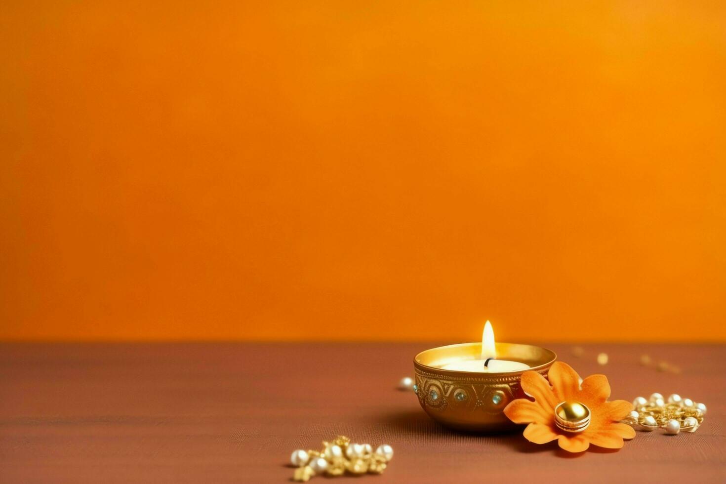 Happy diwali or deepavali traditional indian festival with clay diya oil lamp. Indian hindu festival of light symbol with candle and light. Clay diya lamp lit during diwali celebration by AI generated photo