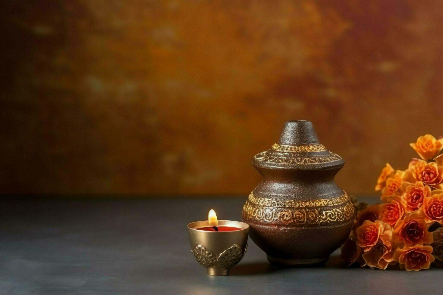 Happy diwali or deepavali traditional indian festival with clay diya oil lamp. Indian hindu festival of light symbol with candle and light. Clay diya lamp lit during diwali celebration by AI generated photo