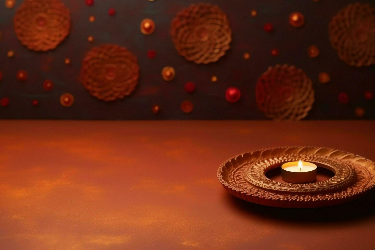 Happy diwali or deepavali traditional indian festival with clay diya oil lamp. Indian hindu festival of light symbol with candle and light. Clay diya lamp lit during diwali celebration by AI generated photo