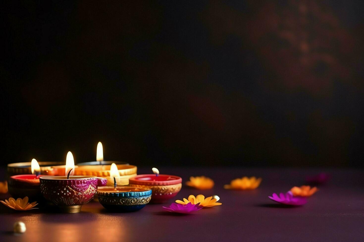 Happy diwali or deepavali traditional indian festival with clay diya oil lamp. Indian hindu festival of light symbol with candle and light. Clay diya lamp lit during diwali celebration by AI generated photo