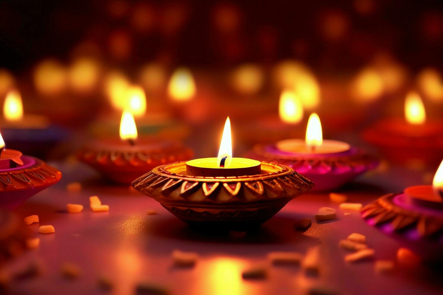 Happy diwali or deepavali traditional indian festival with clay diya oil lamp. Indian hindu festival of light symbol with candle and light. Clay diya lamp lit during diwali celebration by AI generated photo