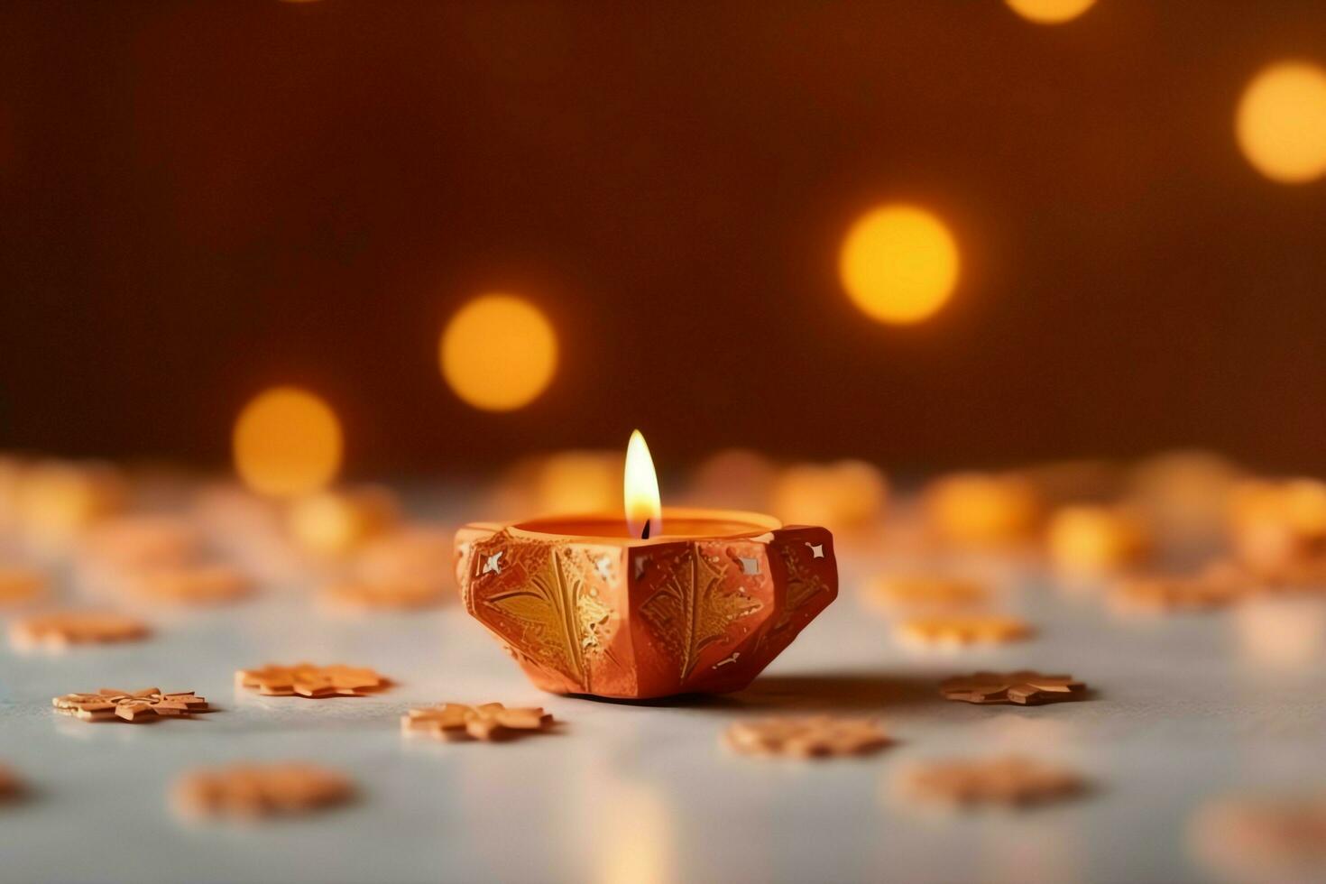 Happy diwali or deepavali traditional indian festival with clay diya oil lamp. Indian hindu festival of light symbol with candle and light. Clay diya lamp lit during diwali celebration by AI generated photo