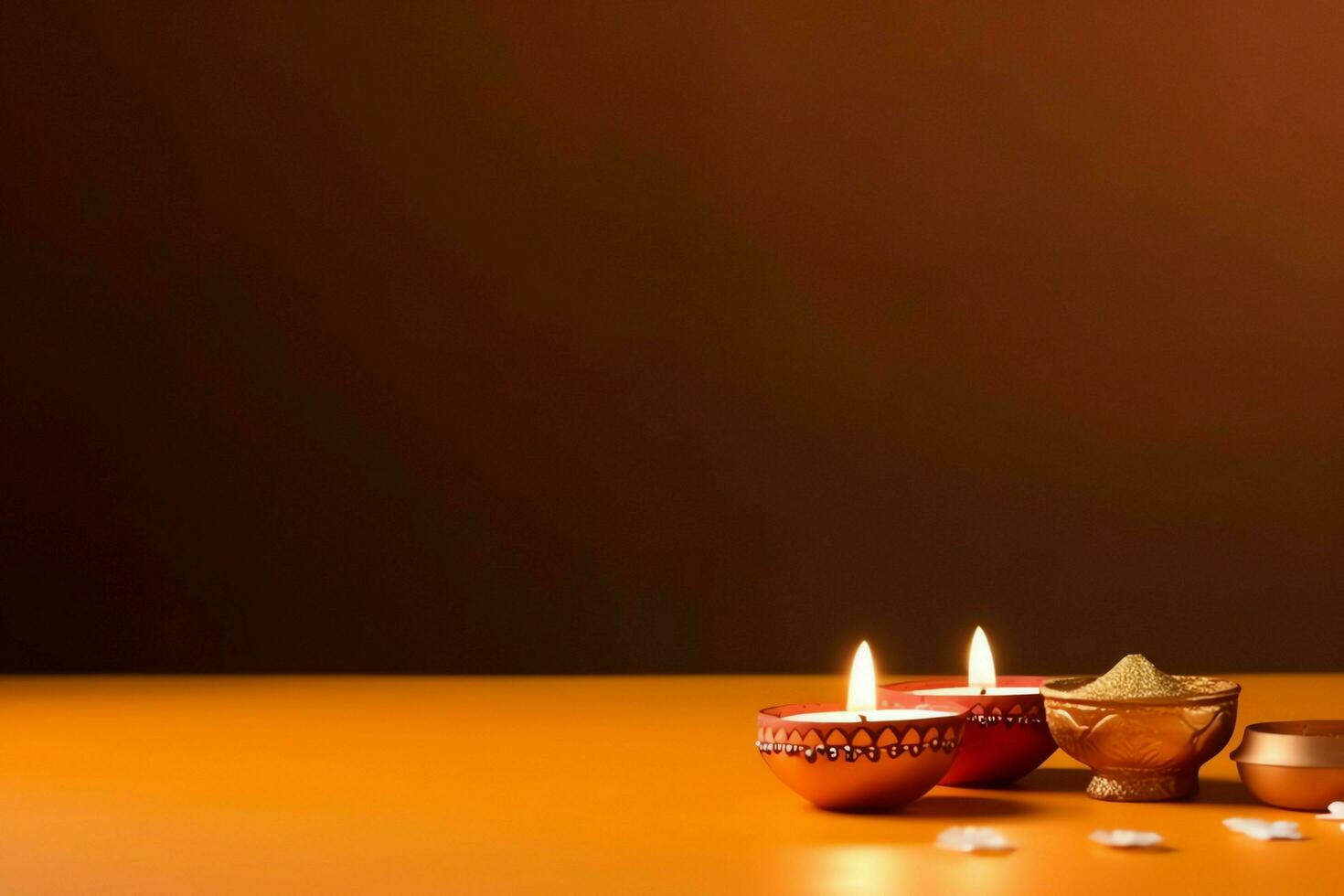 Happy diwali or deepavali traditional indian festival with clay diya oil lamp. Indian hindu festival of light symbol with candle and light. Clay diya lamp lit during diwali celebration by AI generated photo