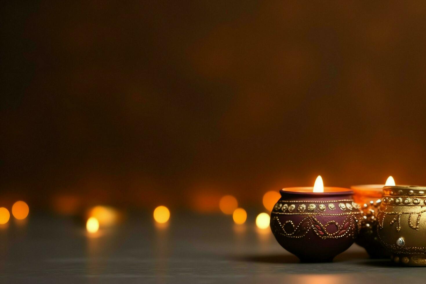 Happy diwali or deepavali traditional indian festival with clay diya oil lamp. Indian hindu festival of light symbol with candle and light. Clay diya lamp lit during diwali celebration by AI generated photo