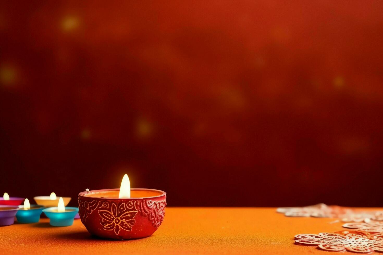 Happy diwali or deepavali traditional indian festival with clay diya oil lamp. Indian hindu festival of light symbol with candle and light. Clay diya lamp lit during diwali celebration by AI generated photo