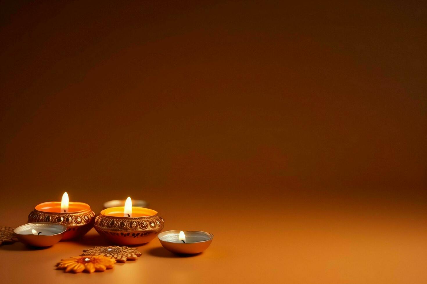 Happy diwali or deepavali traditional indian festival with clay diya oil lamp. Indian hindu festival of light symbol with candle and light. Clay diya lamp lit during diwali celebration by AI generated photo