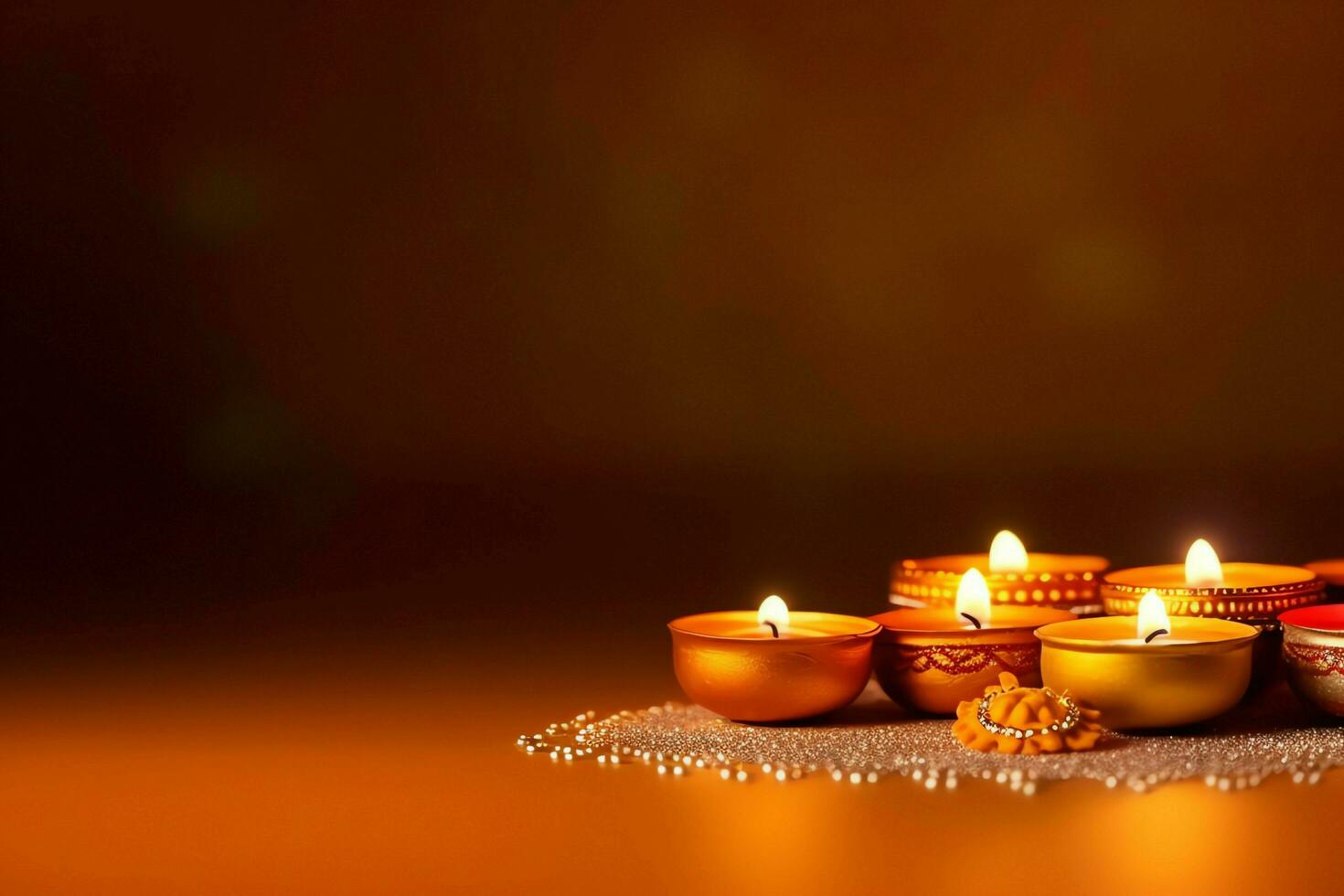 Happy diwali or deepavali traditional indian festival with clay diya oil lamp. Indian hindu festival of light symbol with candle and light. Clay diya lamp lit during diwali celebration by AI generated photo