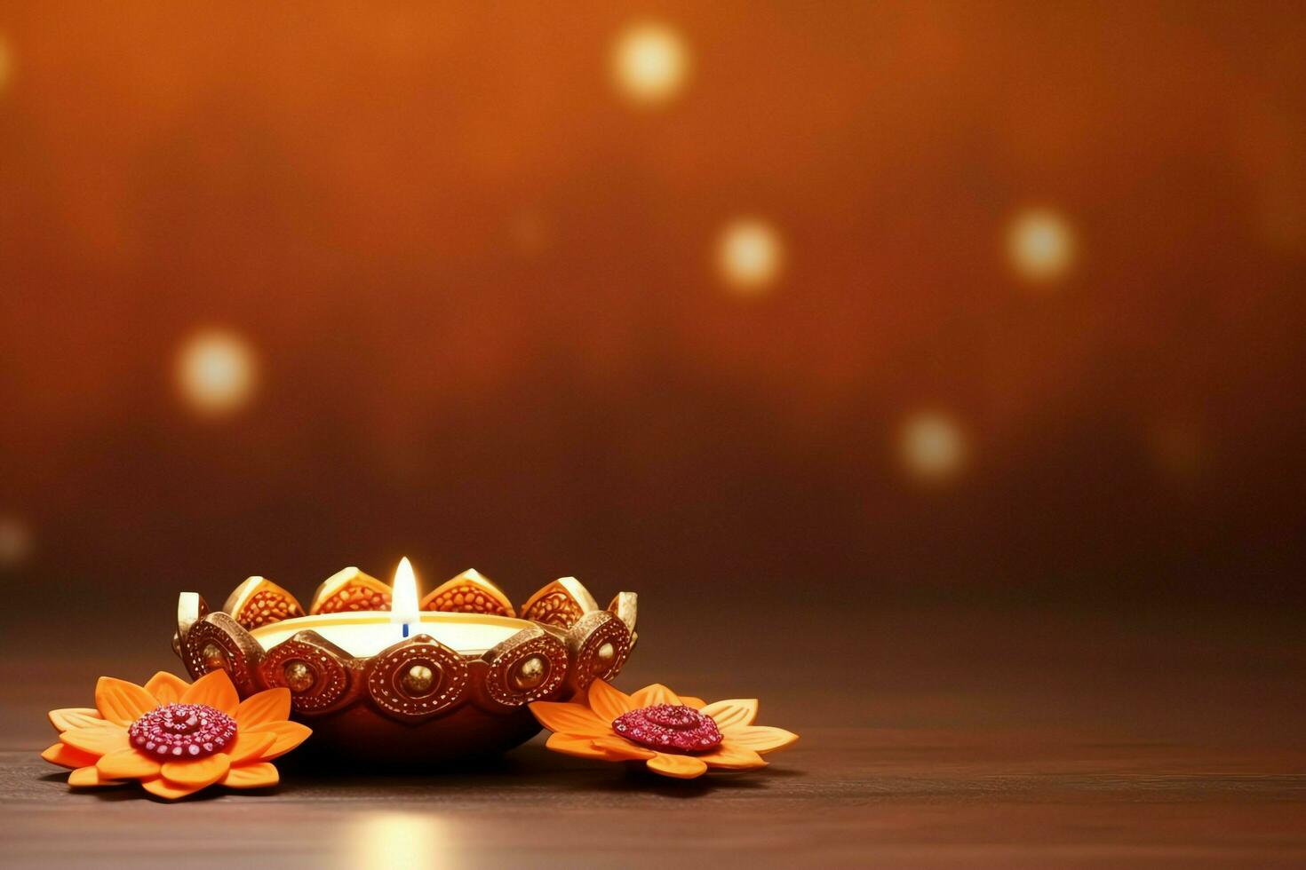 Happy diwali or deepavali traditional indian festival with clay diya oil lamp. Indian hindu festival of light symbol with candle and light. Clay diya lamp lit during diwali celebration by AI generated photo