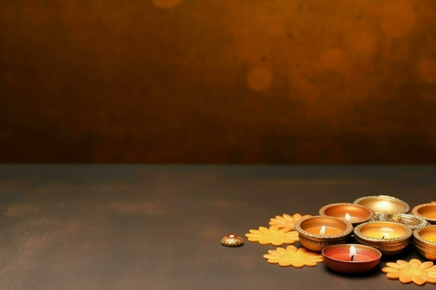 Happy diwali or deepavali traditional indian festival with clay diya oil lamp. Indian hindu festival of light symbol with candle and light. Clay diya lamp lit during diwali celebration by AI generated photo