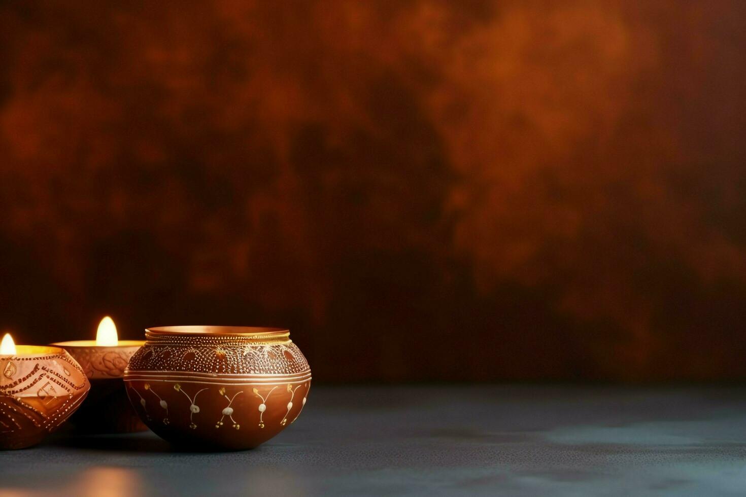 Happy diwali or deepavali traditional indian festival with clay diya oil lamp. Indian hindu festival of light symbol with candle and light. Clay diya lamp lit during diwali celebration by AI generated photo