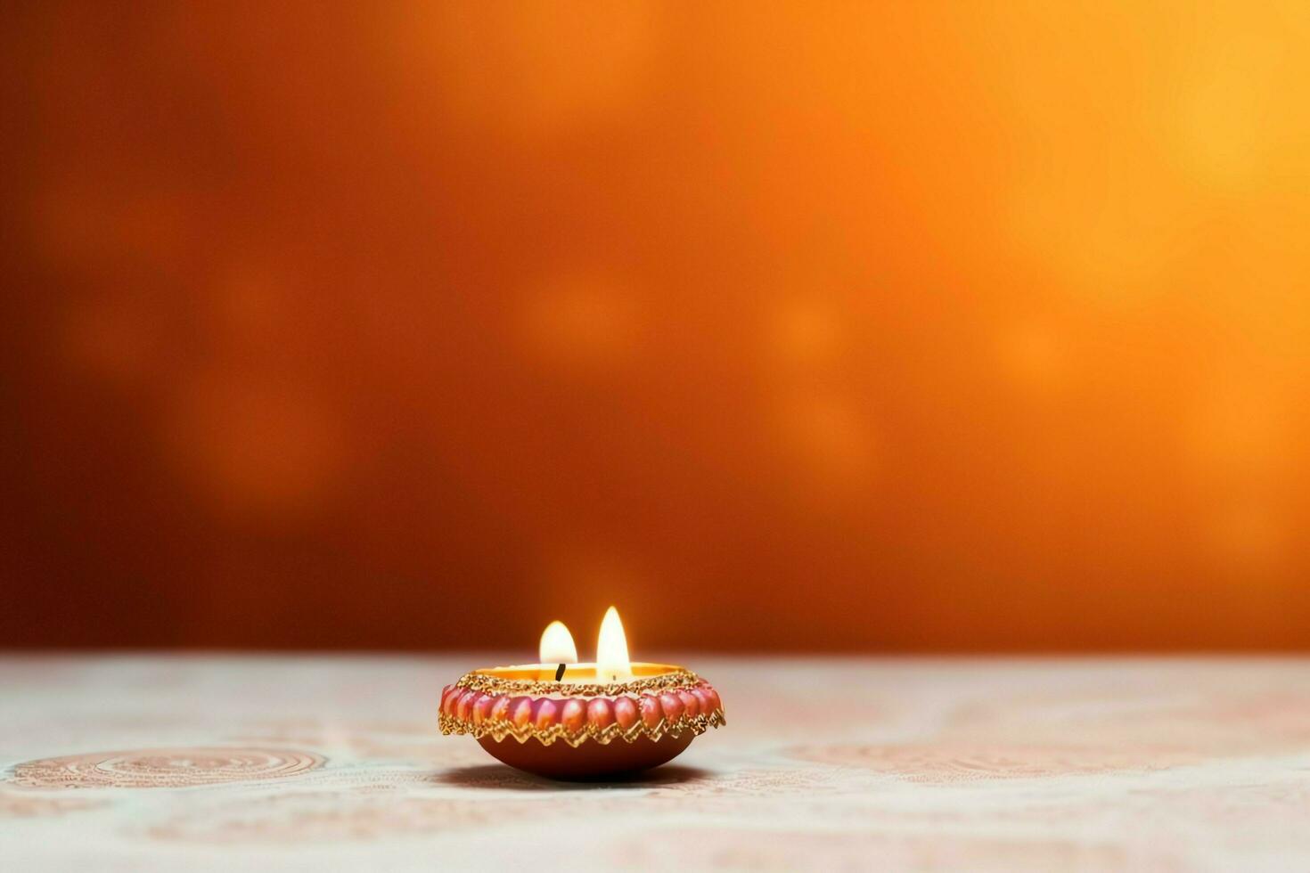 Happy diwali or deepavali traditional indian festival with clay diya oil lamp. Indian hindu festival of light symbol with candle and light. Clay diya lamp lit during diwali celebration by AI generated photo